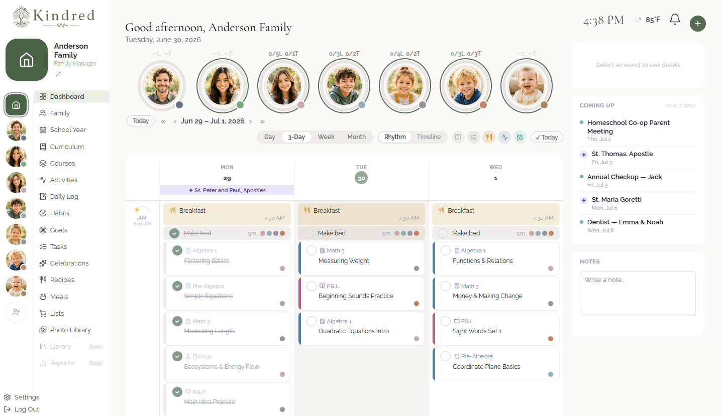 Kindred dashboard — daily lesson rhythm view for multiple students