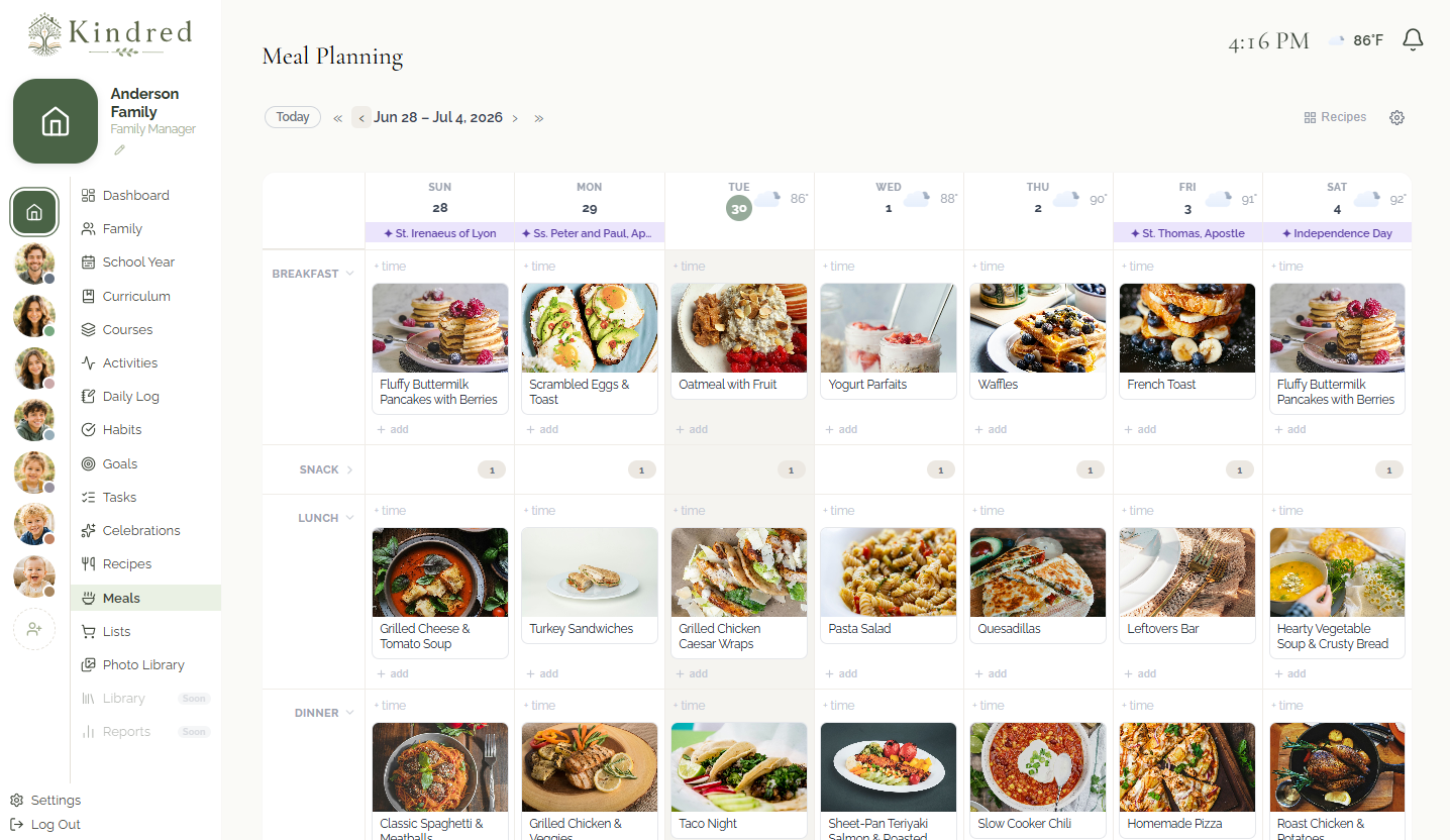 Kindred meal planning grid with recipe photos