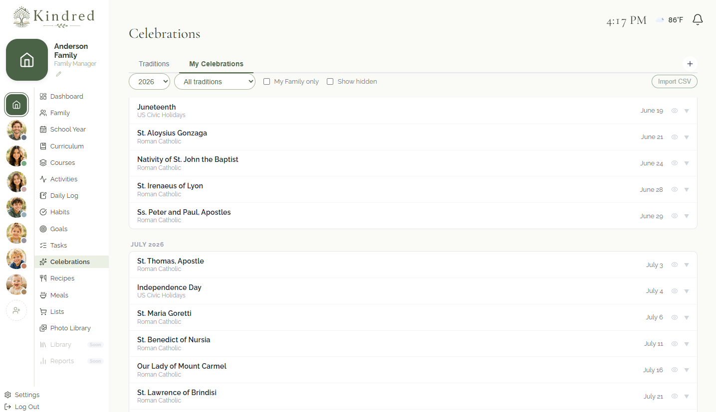 Kindred celebrations page showing liturgical tradition calendar